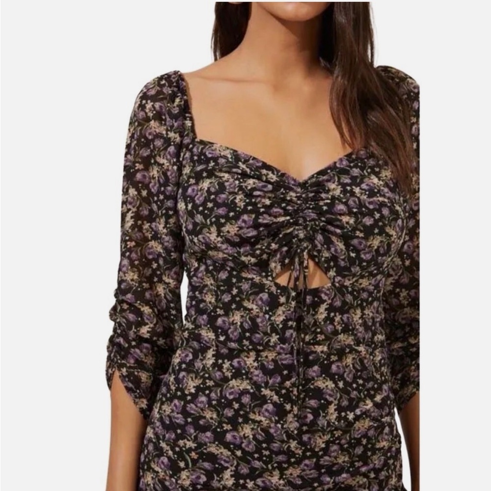 ASTR the Label Sweetheart Cutout Dress Black-Purple Ditsy Print Size Medium - Picture 2 of 11